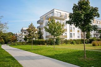 Apartment block and green lawn and trees